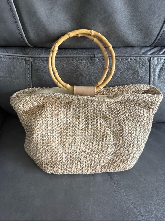 Handbags - Natural Straw Tote with Bamboo Ring Handles